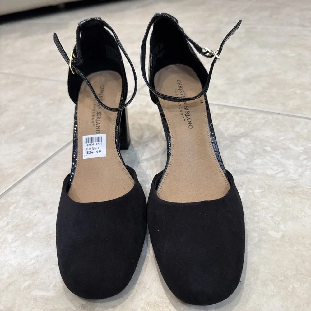NEW NWT Christian Siriano Mary Jane Black Faux‎ Croc Block Heel Women's Sz 8.5